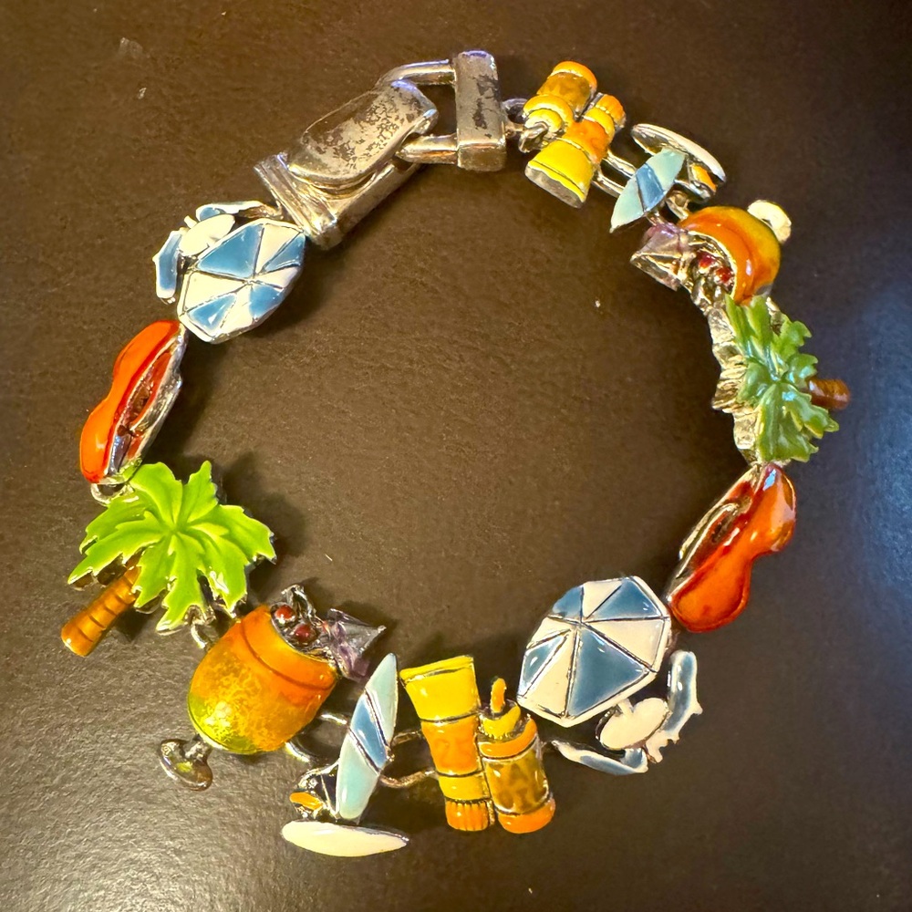 Vintage 925 Silver Tropical Vacation Island Enamel Bracelet